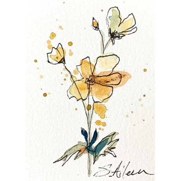 ACEO Painting Watercolor Ink Yellow Flower Green Botanical Minimalist III Signed - Picture 1 of 2
